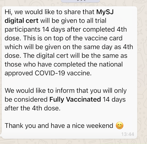 （全国版）志愿者第4剂后14天，MySejahtera呈完成接种疫苗状态