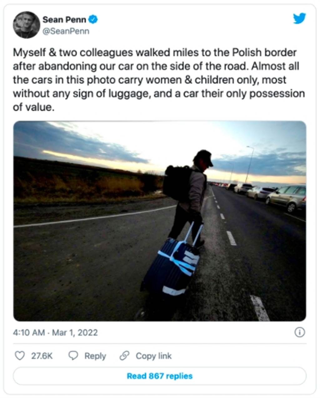 辛潘乌克兰拍片中断 弃车徒步逃往波兰