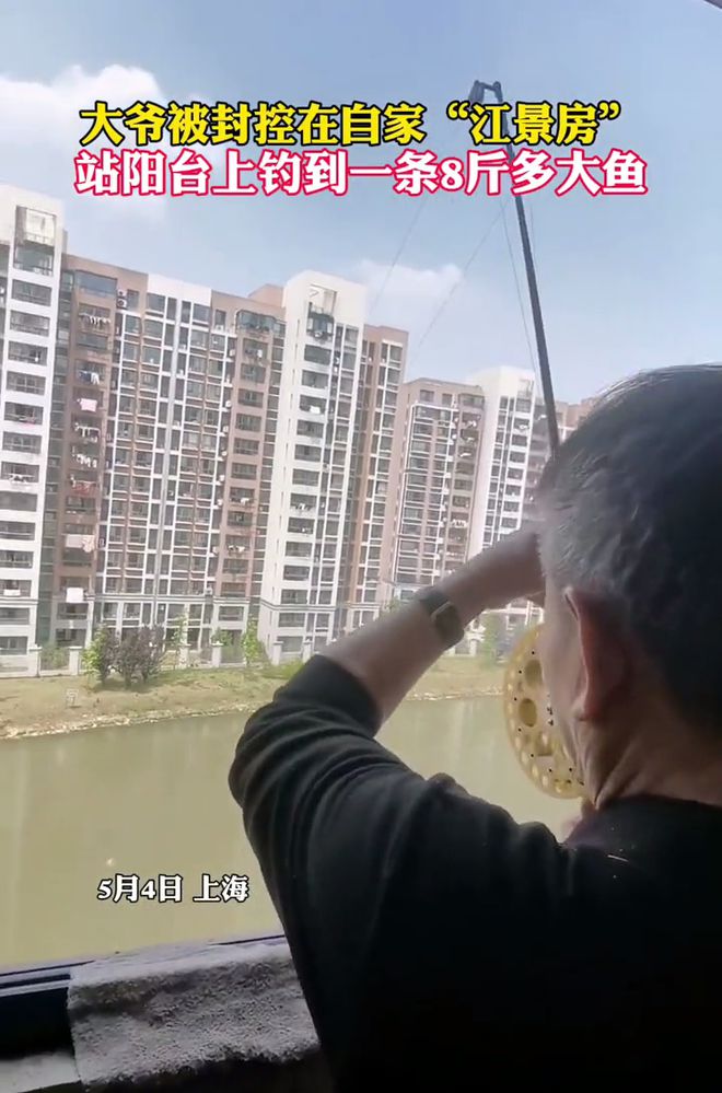 上海封闭河景房居民露台垂钓　捕获重8斤巨鱼