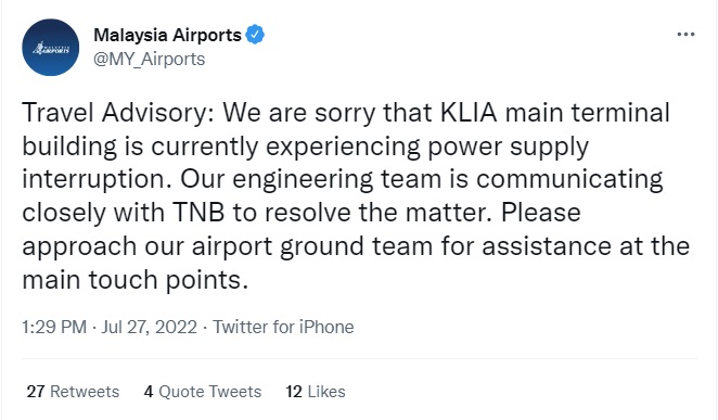 吉隆坡国际机场也停电! 