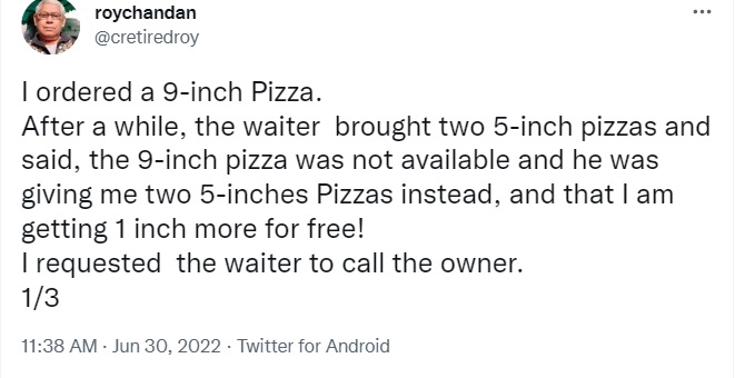 店称两个5寸披萨比1个9寸多1寸·男子用高级数学霸气回“是我亏了”