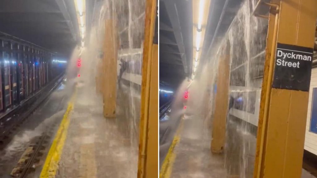 纽约遭暴雨袭击 雨水灌入地铁站形成“瀑布”