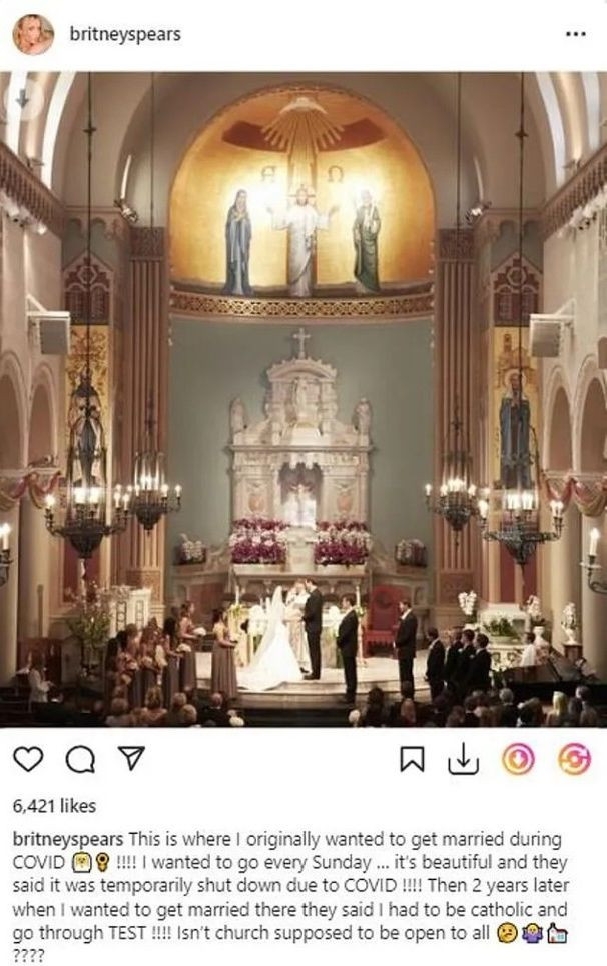  公开声讨天主教堂拒让行婚礼 碧妮被打脸速删开炮文