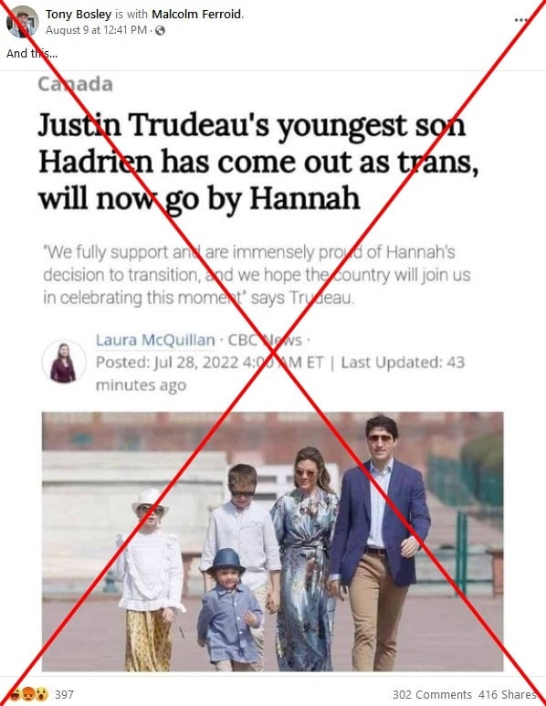 CBC没有发布加拿大总理儿子出柜的消息