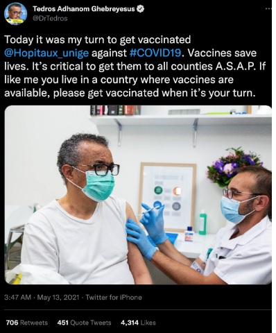 求真//世界卫生组织秘书长未接种冠病疫苗？