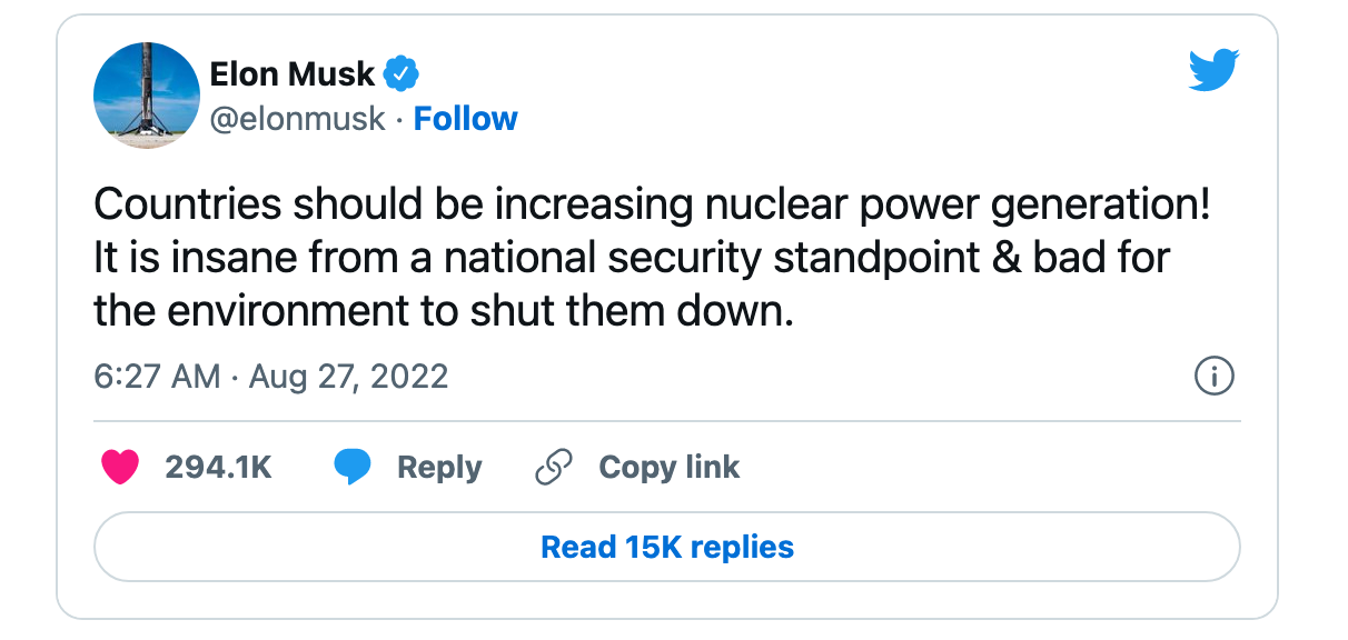 马斯克呼吁各国增加核能发电 指关闭核电站是“反人类”行为