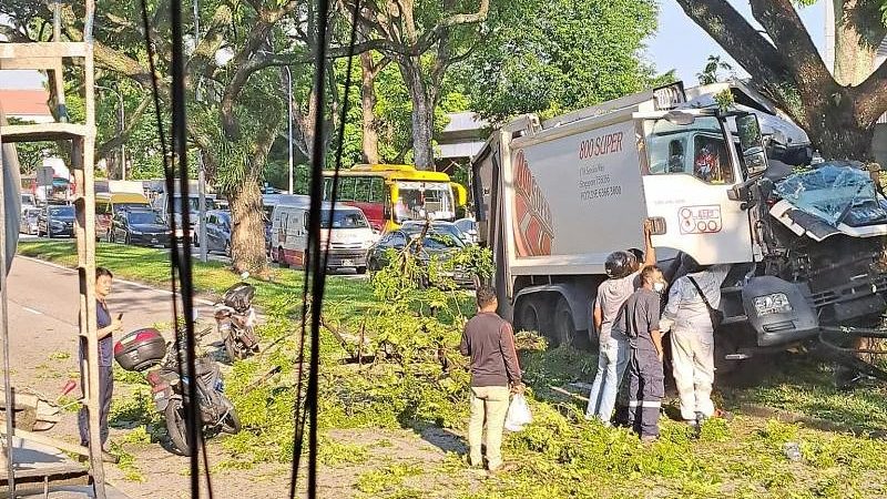 垃圾车撞树司机困驾座 4男联手民防解救