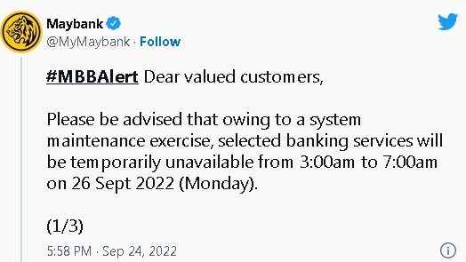 Maybank明系统维护 转账等服务凌晨暂停运作