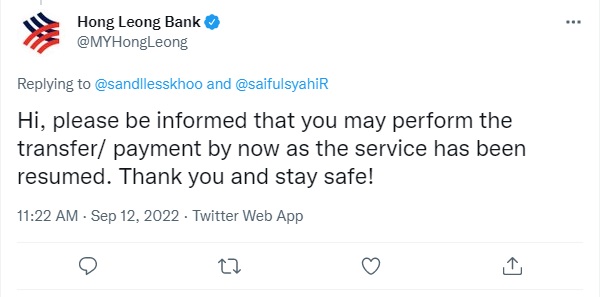 Maybank及丰隆银行·即时转账服务恢复正常