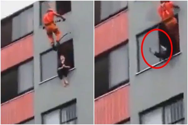 女子坐10楼窗口跳楼 消防员空降踹回房内