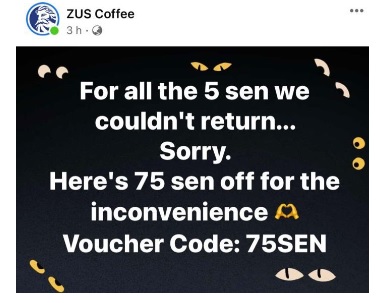 给75仙折扣券赔罪遭网批不专业  Zus Coffee道歉认做法不得体
