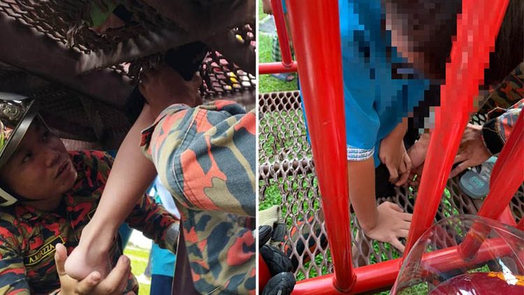 孩童游乐场玩乐 小腿卡在铁丝网 被消防员救起