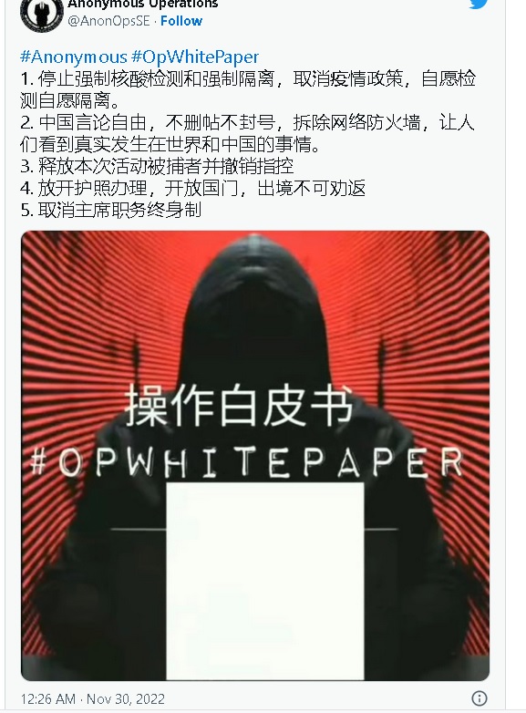 骇客组织挺白纸革命 瘫痪中国政府网站曝警政高层名单