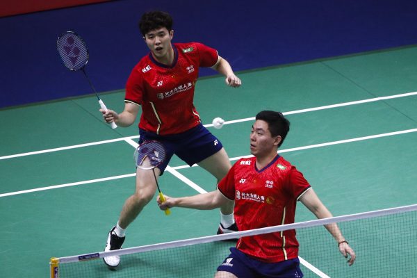 epa09935188 He Ji Ting (L) and Zhou Hao Dong of China in action against Fabien Delrue and William Villeger of France (not pictured) during their men’s doubles match on the second day of play of the BWF Thomas and Uber Cup Finals 2022 at Impact Arena in Nonthaburi, Thailand, 09 May 2022.  EPA-EFE/DIEGO AZUBEL
