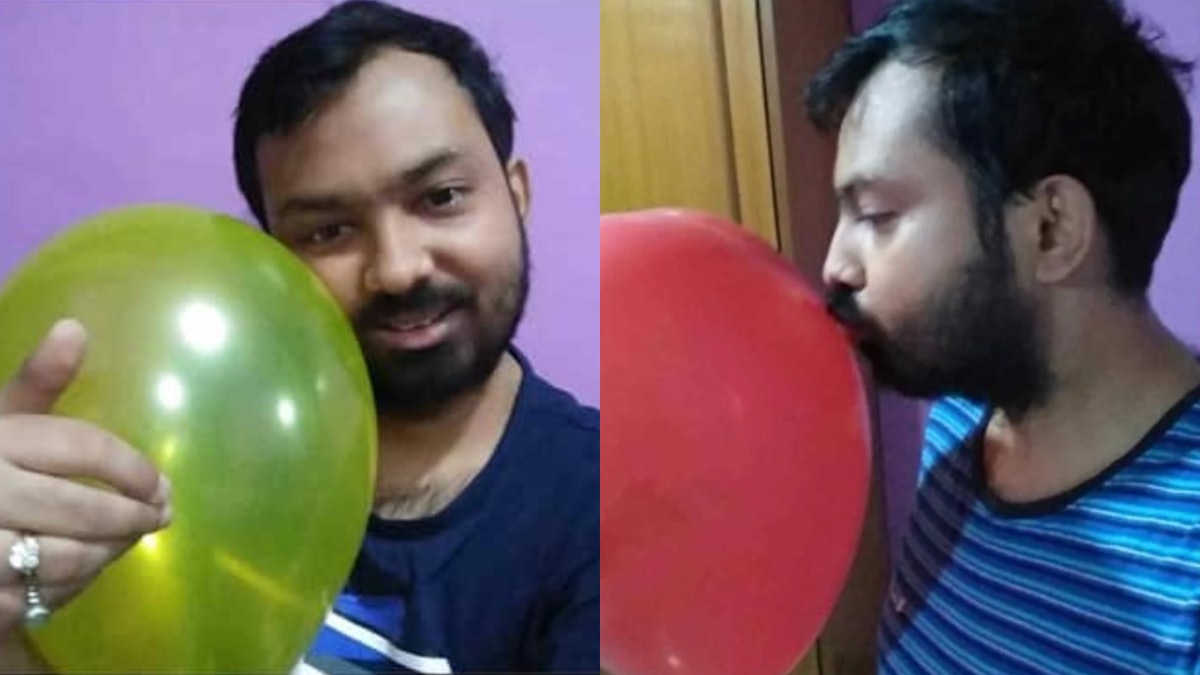 拼图）28岁印度男“娶气球为妻”晚晚亲密交流　曾因“前度爆炸”办丧礼