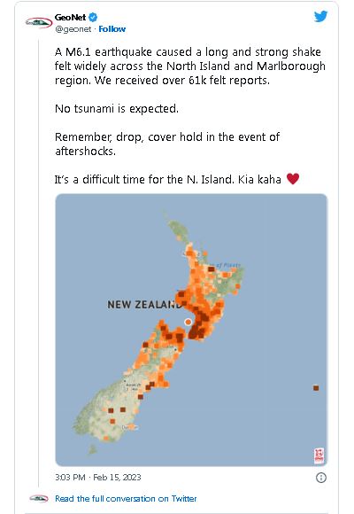 纽西兰发生6.1级地震