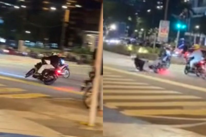 视频|飙车党耍帅表演单轮特技 下一刻摩托车翻覆倒地