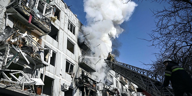 A building in eastern Ukraine after Russian forces bombed the area.