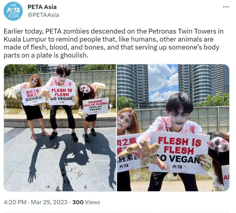 PETA扮丧尸街头举牌反肉食　“肉食者与丧尸吃人肉没分别”