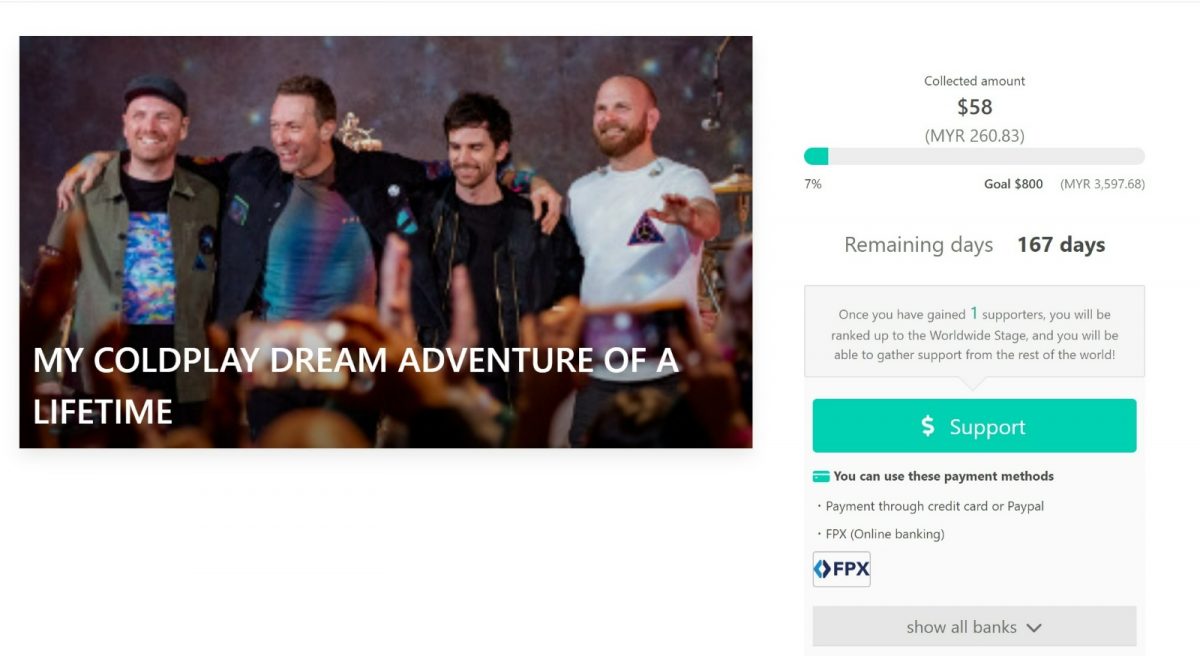 没钱但想买Coldplay VIP票 19岁男子众筹RM3600被骂太贪心!