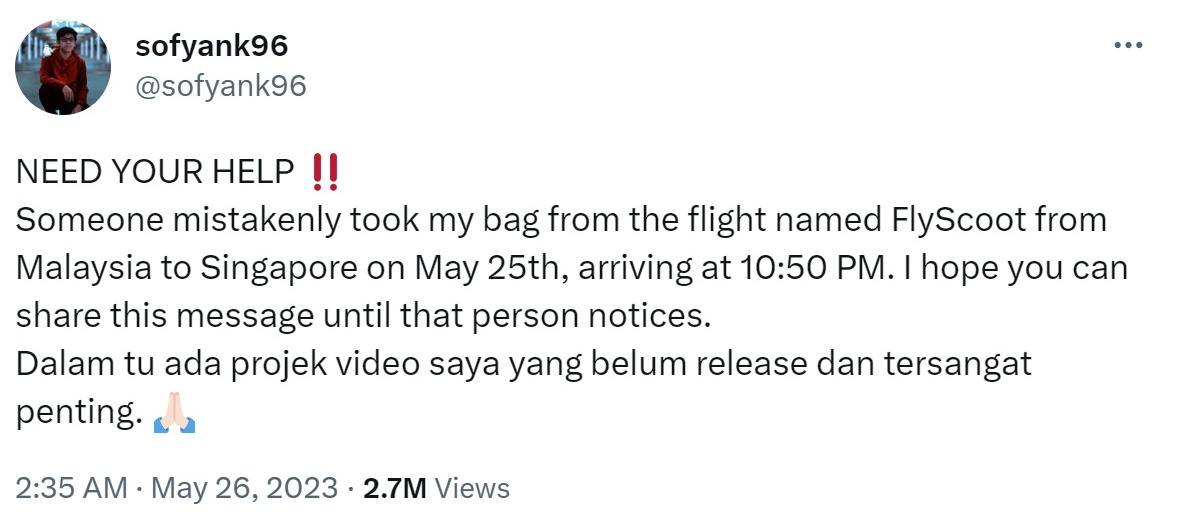  男子狮城机场丢包求助网 “10小时找回在菲律宾”