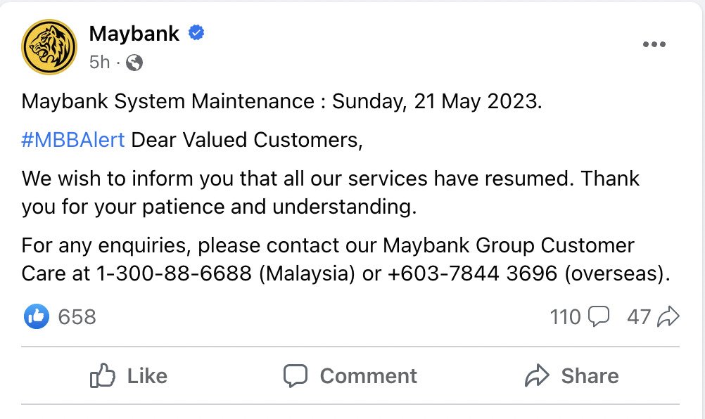 Maybank系统完成维护 线上交易系统全恢复正常