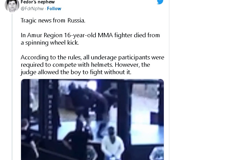 参加MMA没戴头罩  16岁少年被踢中头逝世 ​