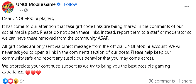 UNO 脸书评论区出现虚假礼品代码链接