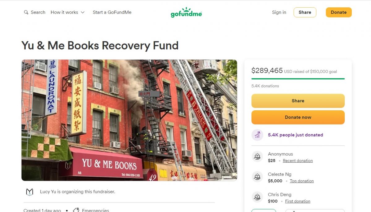 纽约曼哈顿店亚裔书店遭火灾 3天获捐款130万