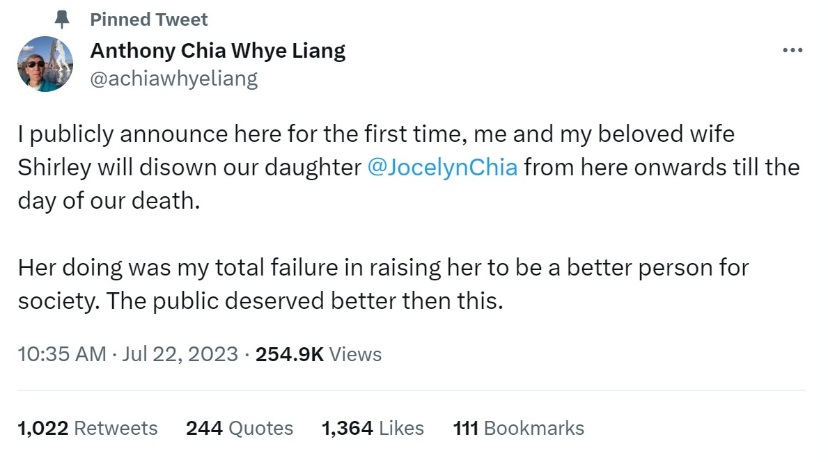  Jocelyn Chia被赶出家门？ 自称“父亲”宣布脱离关系