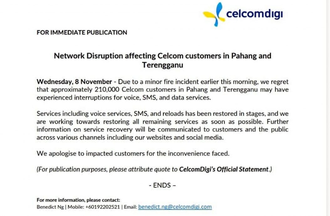 东：Celcomdigi关丹驳接站火警 21万用户通讯服务受影响