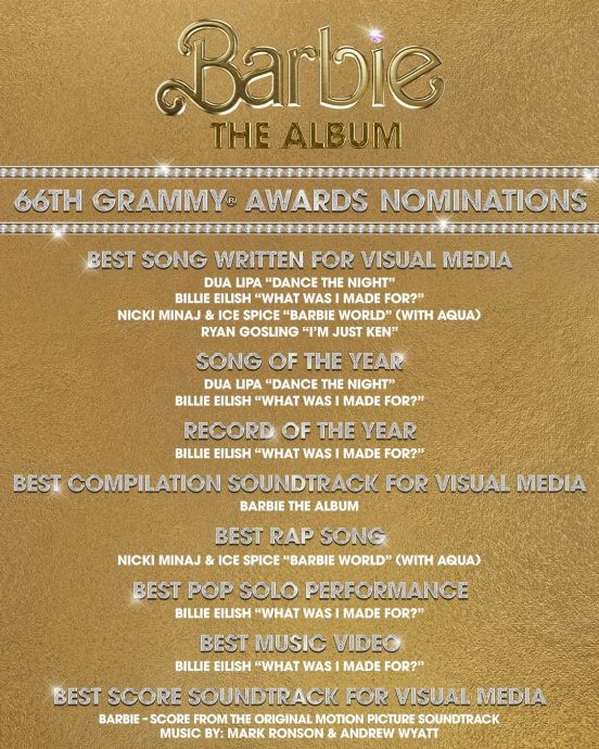 格林美入围︱《芭比》原声带抢11奖超狂 泰莱7度提名年度歌曲