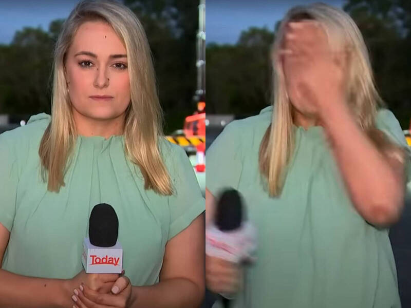 直播时蚊子停脸上 女记者“给自己一巴掌”跌出画面