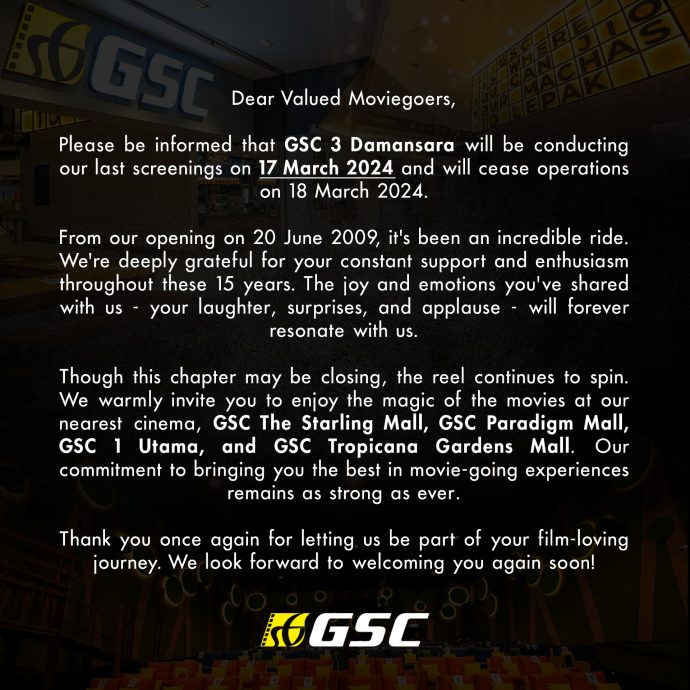 “感谢民众15年来的支持” 3 Damansara GSC电影院318停业