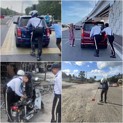 东：推车、换轮胎、买汽油、拖车、清扫路面沙石……佳节执勤警察暖心助民。