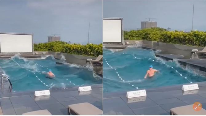  强震发生时 知名饭店顶楼泳池掀波浪　泳客被剧烈摇