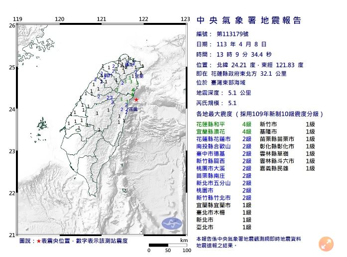 快讯∕ 极浅地震超摇！台东部海域地震里氏5.1级　宜花震度4级