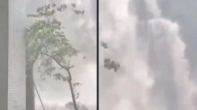 中国中山多地暴雨洪涝  大学医院出现巨大瀑布