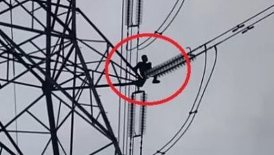 視頻| 不怕遭電殛 男子爬上高壓電塔 消拯局用雲梯車救他