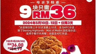 KFC再给折扣！9块炸鸡从RM54降价至RM36